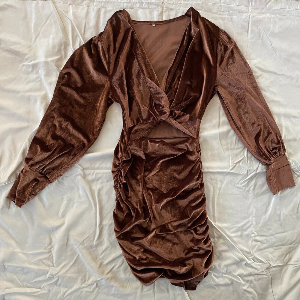 Brown Velvet Fitted Dress